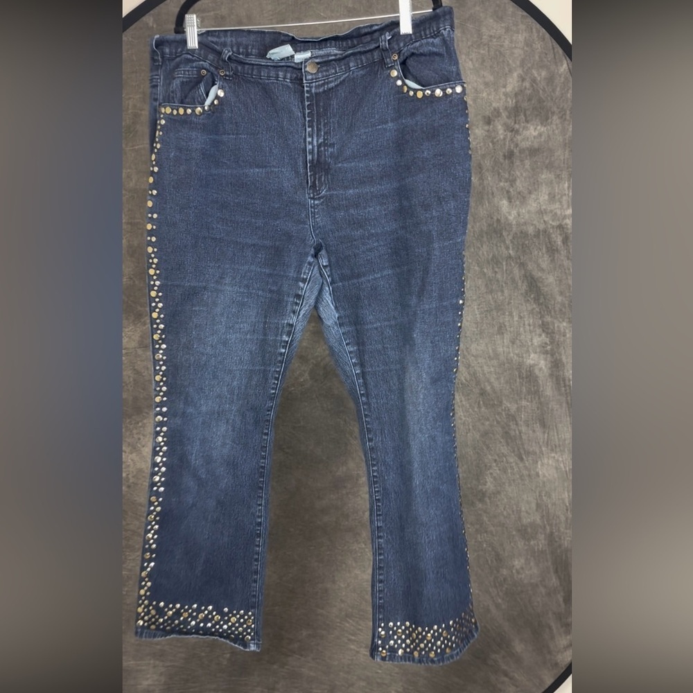 DG2 by Diane Gilman Studded Dark Wash Bell Bottom Jeans 20W Gold Grommets boho
